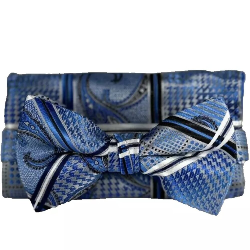 Stacy Adams Men's Bow Tie Hanky Royal  Silver White Charcoal Gray 2.5"